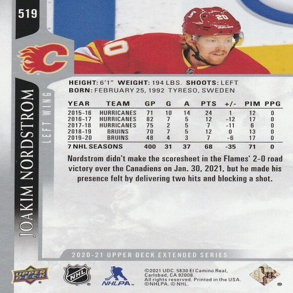 Joakim Nordstrom - 2020/2021 Upper Deck Extended Series Hockey Card - Picture 2 of 2